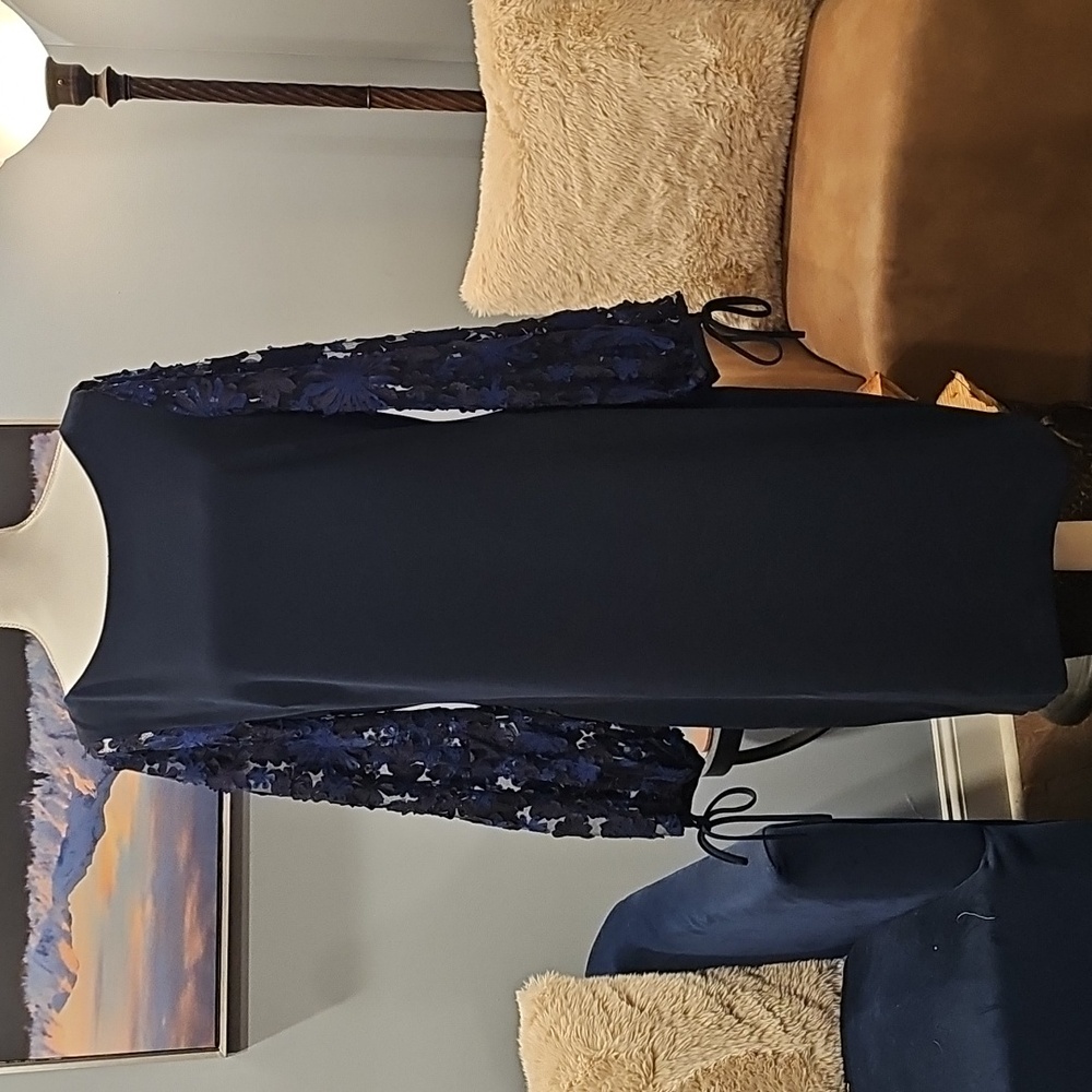 Badgley Mischka Boatneck Sheath Dress with Floral Puff Sleeves, Navy Blue Sz 14 - Picture 6 of 15